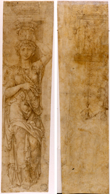 Ligorio Pirro-Cariatide (recto) - Edicola con figure; motivi a candelabre (verso)